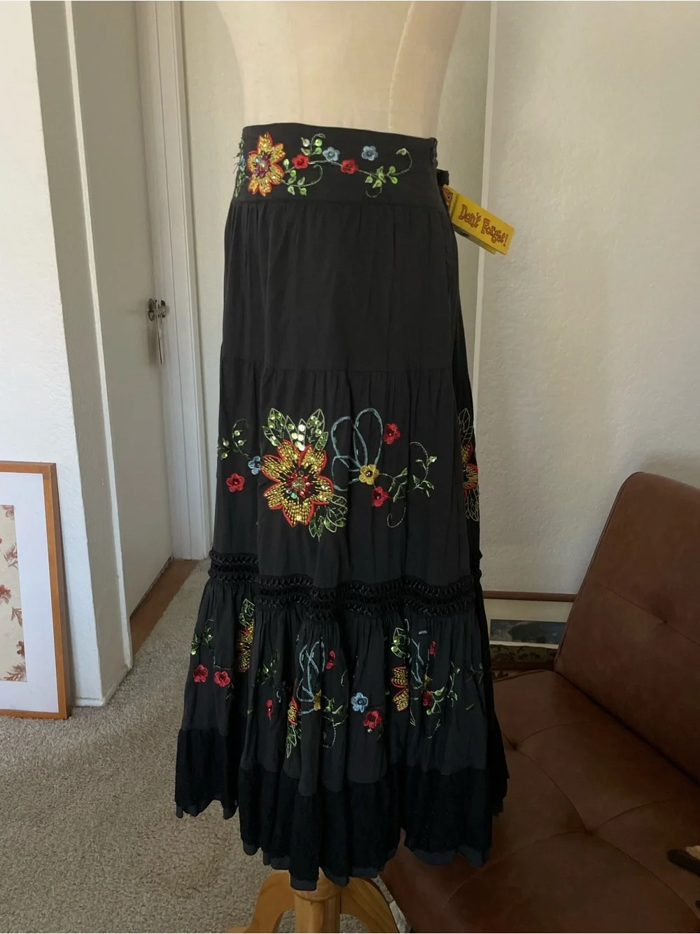 Bizz Boho Witchy Peasant Floral Embroidered Sequined Skirt